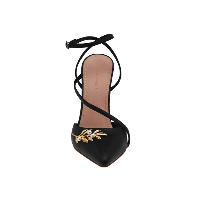9 cm Black Italian leather pumps featuring decorative gold plated brass, pear Swarovski buckle, elasticated slingback ankle strap.