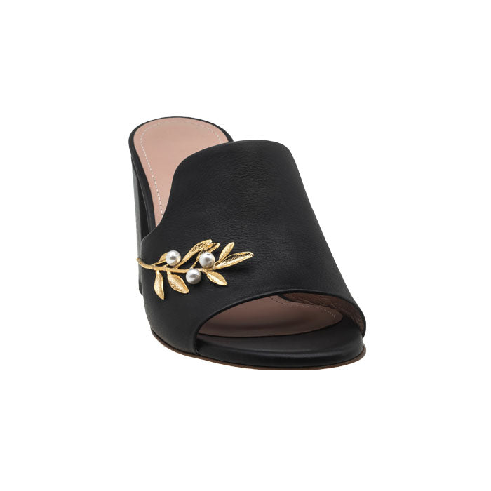 5 cm black Italian leather open toes mules with Gold Plated Brass, Pearl Swarovski ornament.