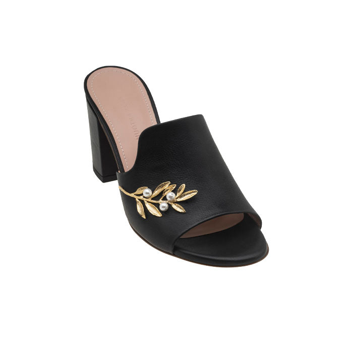 5 cm black Italian leather open toes mules with Gold Plated Brass, Pearl Swarovski ornament.