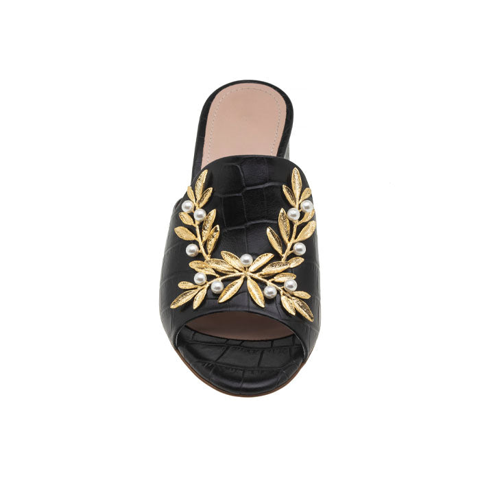 5 cm black Italian crocodile leather open toe mules with Gold Plated Brass, Pearl Swarovski ornament.