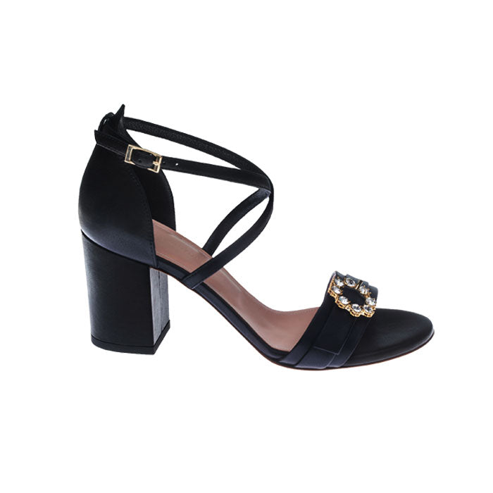 7cm black italian leather pumps featuring open toe. Complete with slingback ankle and crossover strap with adjustable Customized Handmade Swarovski side buckle