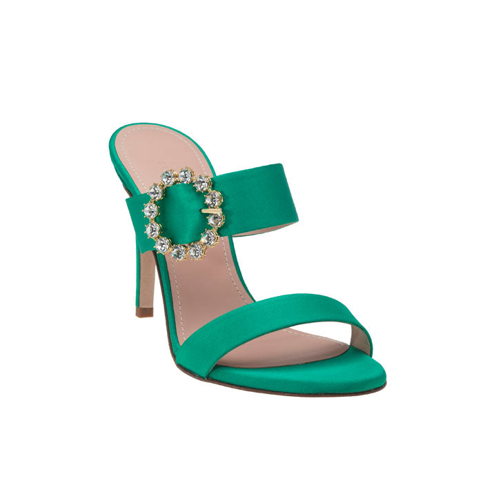 9 cm Green Italian leather open toe mules featuring two front straps with Customized Handmade Swarovski Buckle.
