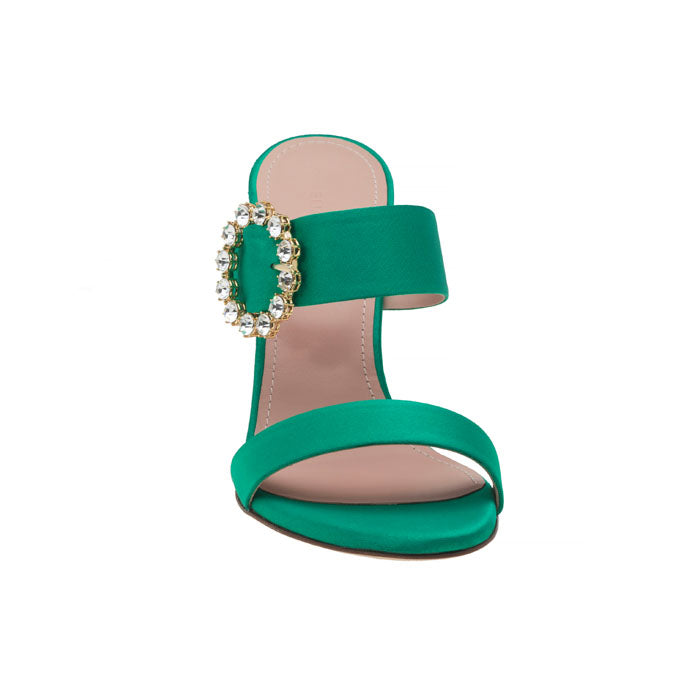 9 cm Green Italian leather open toe mules featuring two front straps with Customized Handmade Swarovski Buckle.