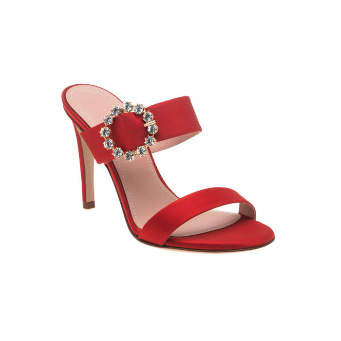 9 cm red Italian leather open toe mules featuring two front straps with Customized Handmade Swarovski Buckle.