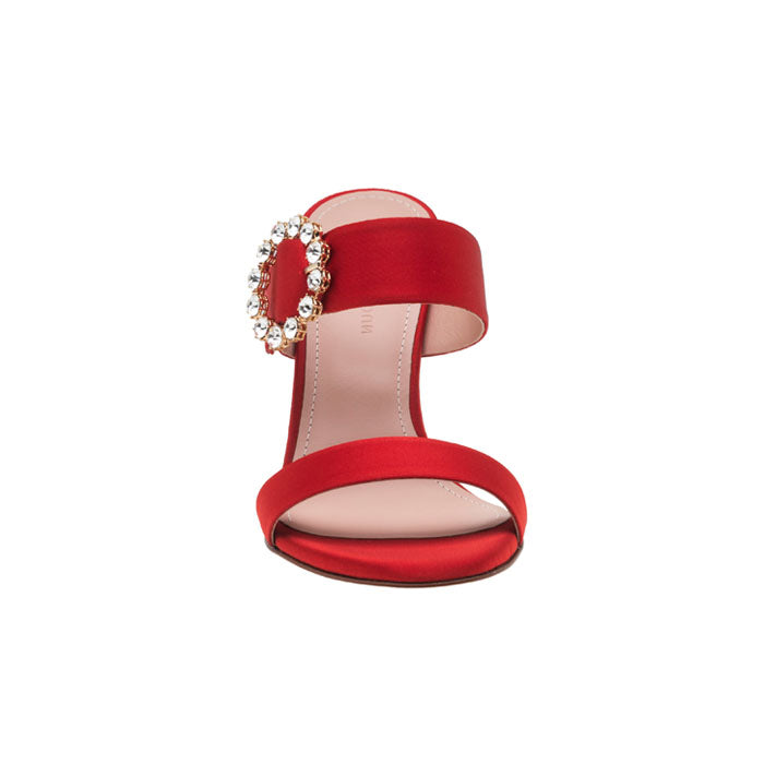 9 cm red Italian leather open toe mules featuring two front straps with Customized Handmade Swarovski Buckle.