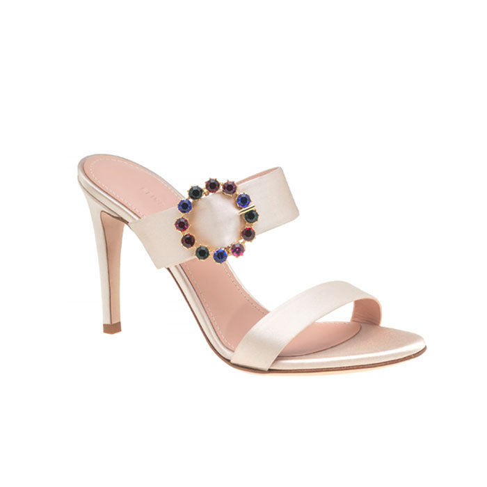 9 cm off-white Italian leather open toe mules featuring two front straps with Customized Handmade colored Swarovski Buckle.