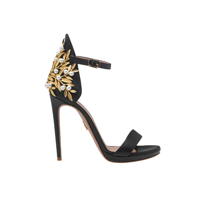 14 cm black Italian satin open toe sandals with adjustable ankle strap with gold-plated buckle and Brass, Pearl Swarovski ornament on the back.