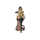 14 cm black Italian satin open toe sandals with adjustable ankle strap with gold-plated buckle and Brass, Pearl Swarovski ornament on the back.