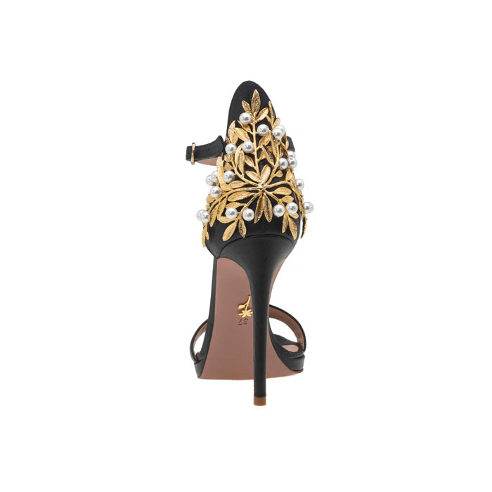 14 cm black Italian satin open toe sandals with adjustable ankle strap with gold-plated buckle and Brass, Pearl Swarovski ornament on the back.