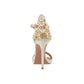 14 cm off-white Italian satin open toe sandals with adjustable ankle strap with gold-plated buckle and Brass, Pearl Swarovski ornament on the back.