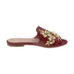 Red Crocodile print leather flat mules featuring open toe design with Gold Plated Brass, Pearl Swarovski ornament.