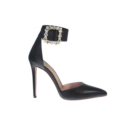 11cm Black Italian leather pumps with adjustable ankle strap with gold-plated buckle and Brass, Pearl Swarovski ornament.