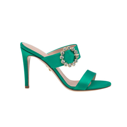 9 cm Green Italian leather open toe mules featuring two front straps with Customized Handmade Swarovski Buckle.