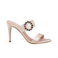9 cm off-white Italian leather open toe mules featuring two front straps with Customized Handmade colored Swarovski Buckle.